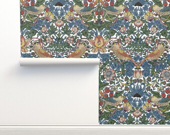 William Morris Non-Pasted Wallpaper Victorian Antique Vintage - Strawberry Thief by peacoquettedesigns Wallpaper Double Roll by Spoonflower