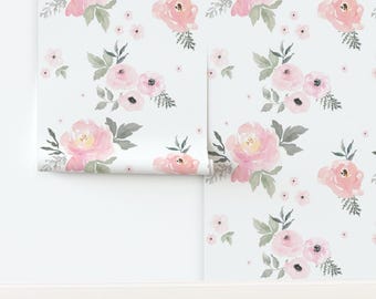 Pink Non-Pasted Wallpaper Flowers Floral Roses Watercolor Blush Shabby Chic - 8" Sweet Blush Roses by shopcabin Wallpaper by Spoonflower
