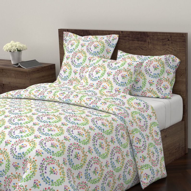 Floral Pillow Sham Rainbow Daisy Wreaths On White by eclectic/_house Colorful Wreaths Cotton Sateen Pillow Sham Bedding by Spoonflower