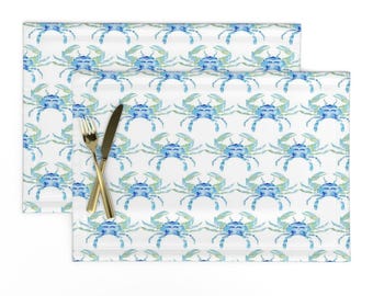 Watercolor Coastal Placemats Set of 2 - Blue Crab Nautical Beach Maryland Sea Shell Blue Green Cloth Placemats - Blue Crab by theresa_mechem