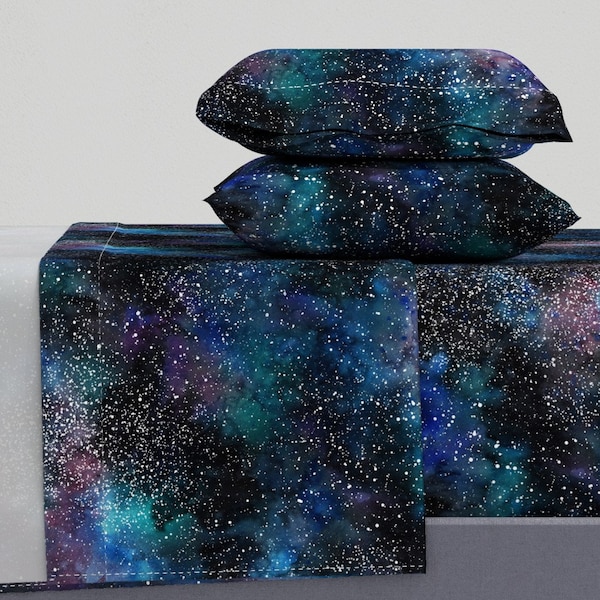 Celestial Watercolor Sheets - Galaxy Sky by rebecca_reck_art - Astronomy Space Starry Sky Cotton Sateen Sheet Set Bedding by Spoonflower