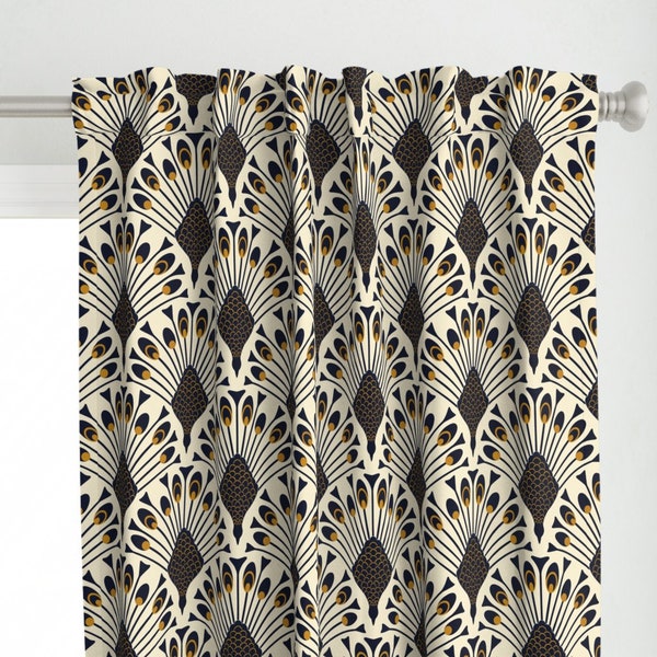 Peacock Fans Curtain Panel - Art Deco by denesannadesign - Geometric Bird Modern Vintage Beige Neutrals Custom Curtain Panel by Spoonflower