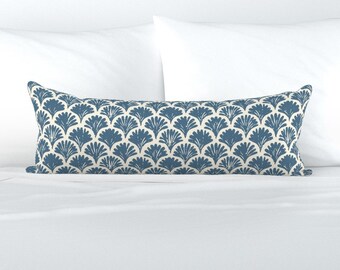 Sea Shell Scallop XL Lumbar Pillow - Coastal Nautical Block Print Extra Large Rectangle Lumbar Pillow - Coastal Blue by teri_the_butter -