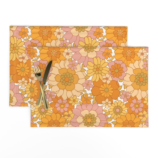 1970s Floral Placemats (Set of 2) - Avery Retro Floral On White by red_raspberry_design - Orange Vintage Boho Cloth Placemats by Spoonflower