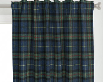 May include: A blue, green, yellow, and red plaid curtain panel. The curtain is made of a woven fabric with a subtle texture.