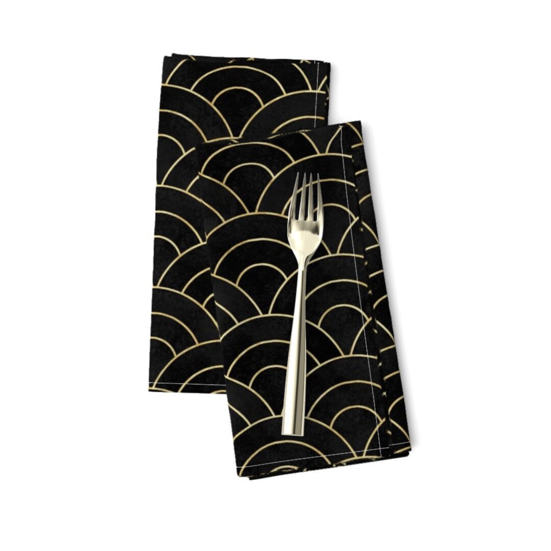 Japanese Sashiko Dinner Napkins set of 2 Gold and Black Japanese by Olgersart Scallop Waves
