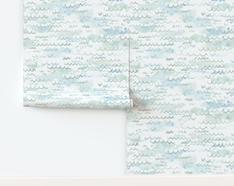 Blue Non-Pasted Wallpaper  Ocean Waves Water Sea Watercolor Sailing Calm Zen - Watercolour Waves by taraput Wallpaper by Spoonflower