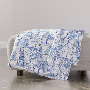 Chinoiserie Throw Blanket - Pagoda Forest Blues by danika_herrick - Blue White Toile Pagoda Landscape Throw Blanket with Spoonflower Fabric