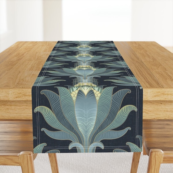 Modern Art Deco Table Runner - King Sago Palm by gartmanstudio -  Palm Trees Deep Navy Ombre  Cotton Sateen Table Runner by Spoonflower