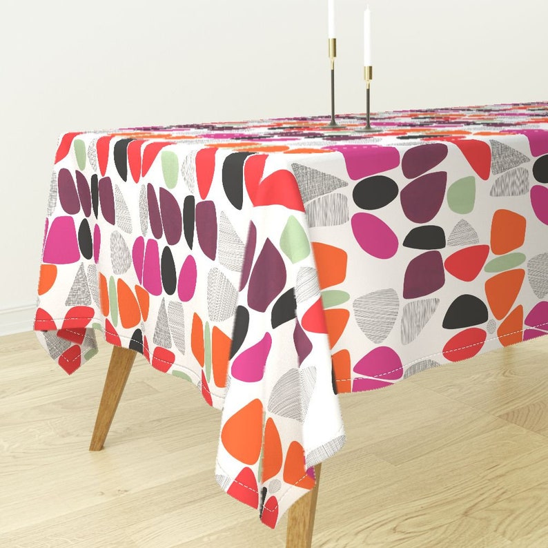 Retro Mod Tablecloth 1950 Pebbles Pink Orange Red by kate/_rowley Mid Century Modern Cotton Sateen Tablecloth by Spoonflower