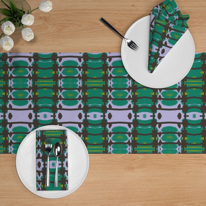 Abstract Table Runner Midnight At The Lily Pond by susaninparis Lily Pond Stripes Floral Cotton Sateen Table Runner by Spoonflower