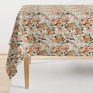 White Peach Tablecloth - Peach Orchard by hipkiddesigns - Leaves Fruit Green Summer Watercolor Cotton Sateen Tablecloth by Spoonflower