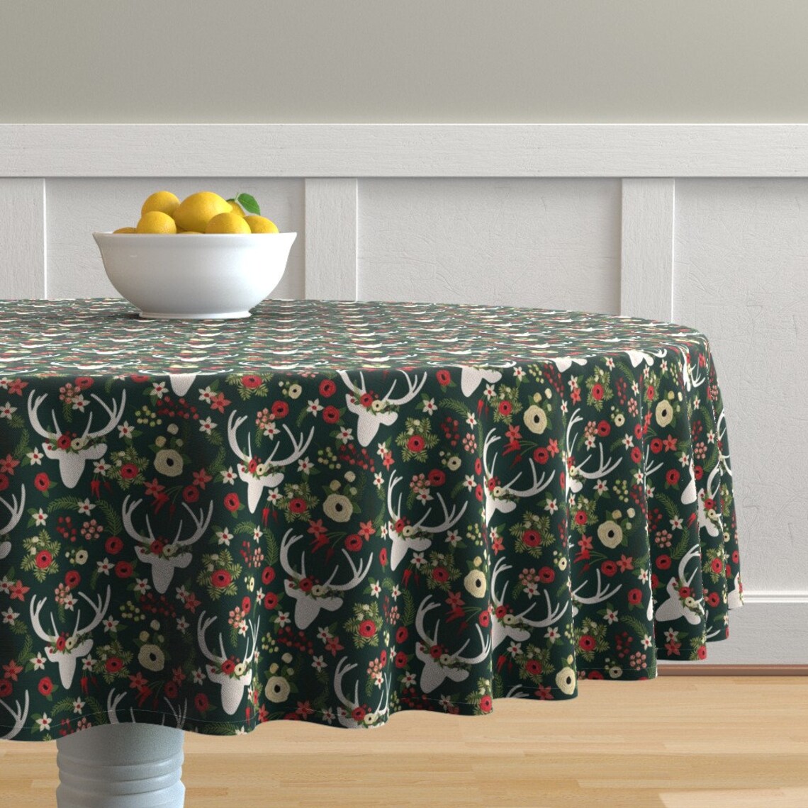 Christmas Floral Round Tablecloth Forest Green Winter by Etsy