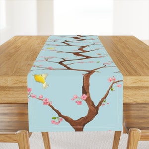 Blue Chinoiserie Table Runner - Jenny Cherry Blossoms On Blue by domesticate - Butterfly Cotton Sateen Table Runner by Spoonflower