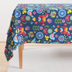 Scandinavian Tablecloth - Swedish Folk Art Garden by linziloop - Dala Horse Blue Folk Animals Nature Cotton Sateen Tablecloth by Spoonflower