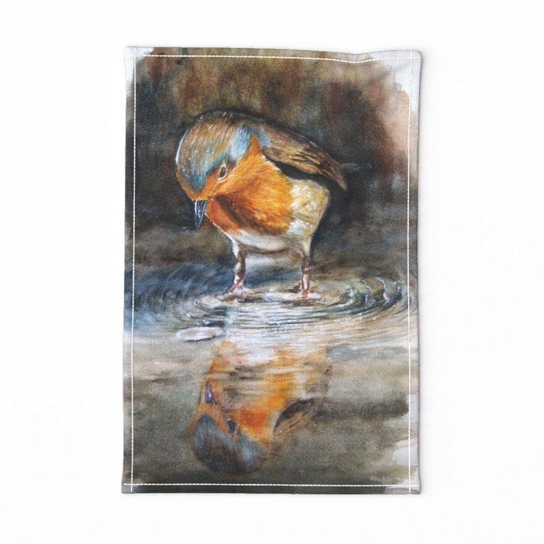 Bird Lovers Nature Art Garden Linen Cotton Canvas Tea Towel by Spoonflower Little Cute Robin Watercolor by fvo/_design Bird Tea Towel