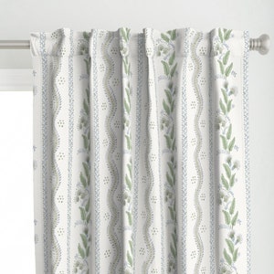 Preppy Floral Curtain Panel - Emma Blue Green  by danika_herrick - Grandmillennial Botanical Stripe Custom Curtain Panel by Spoonflower