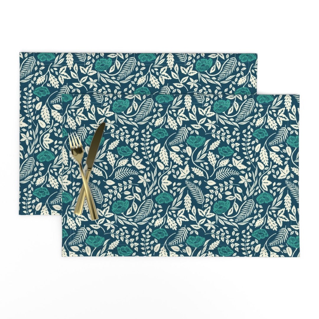 Floral Placemats set of 2 Teal White and Blue Flowers by Etsy
