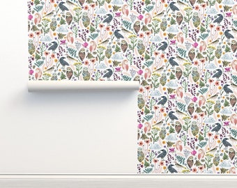 Watercolor Owls Non-Pasted Wallpaper Woodland Floral Mystical Wildlife  - Lucid Dreams by zoe_ingram Wallpaper Double Roll by Spoonflower