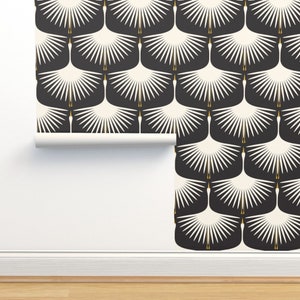 Art Deco Swan Non-Pasted Wallpaper - Art Deco Swan by katerhees - Cream On Black 12" Scale Traditional Wallpaper Double Roll by Spoonflower