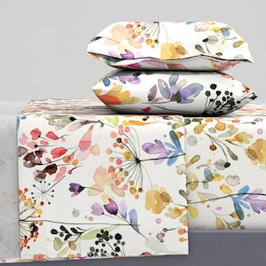 Watercolor Sheets - Wild Grasses Large by ninola-design - Meadow Botanical Countryside Cotton Sateen Sheet Set Bedding by Spoonflower