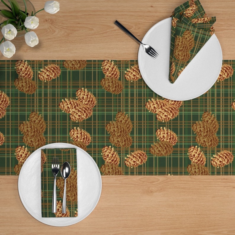 Pinecones On Plaid by rubydoor Rustic Table Runner Forest Woods Evergreen Tree Plaid Tartan Cotton Sateen Table Runner by Spoonflower