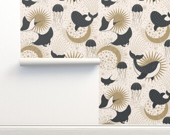 Whimsical Whales Non-Pasted Wallpaper Gold Koi Jellyfish Galaxy Magical - Ocean Galaxy by garabateo Wallpaper Double Roll by Spoonflower