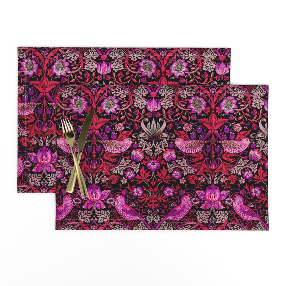 Damask Placemats set of 2 Strawberry Thief by Peacoquettedesigns Victorian Floral Bird Berry