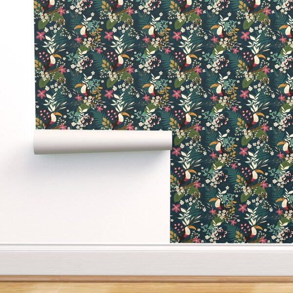 Maximalist Commercial Grade Wallpaper - Animalia Toucan by catmint_&_co - Rainforest Flora Wallpaper Double Roll by Spoonflower