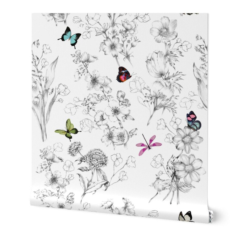 Butterflies Non-Pasted Wallpaper Butterfly Sketch Black And White - Le Papillon by willowlanetextiles Wallpaper Double Roll by Spoonflower image 3