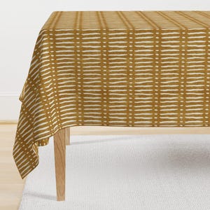 Mustard Mudcloth Tablecloth - Mustard Dashes by littlearrowdecor - Bohemian Trend Minimal Abstract Cotton Sateen Tablecloth by Spoonflower