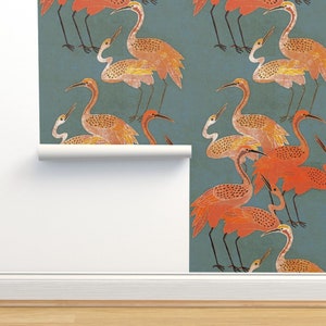 Orange Cranes Commercial Grade Wallpaper - Art Deco Cranes Coral by shellyturnerdesigns - Chinoiserie  Wallpaper Double Roll by Spoonflower