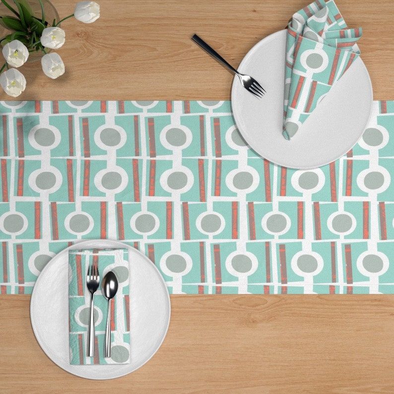 Mid-century Modern Table Runner Mint Blue Green Cotton Sateen Table Runner by Spoonflower Mid-century With Coral by wren/_leyland
