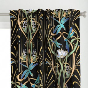 Black Art Deco Curtain Panel - Art Nouveau Dragonflies by southwind - Elegant Art Nouveau Dragonfly Custom Curtain Panel by Spoonflower
