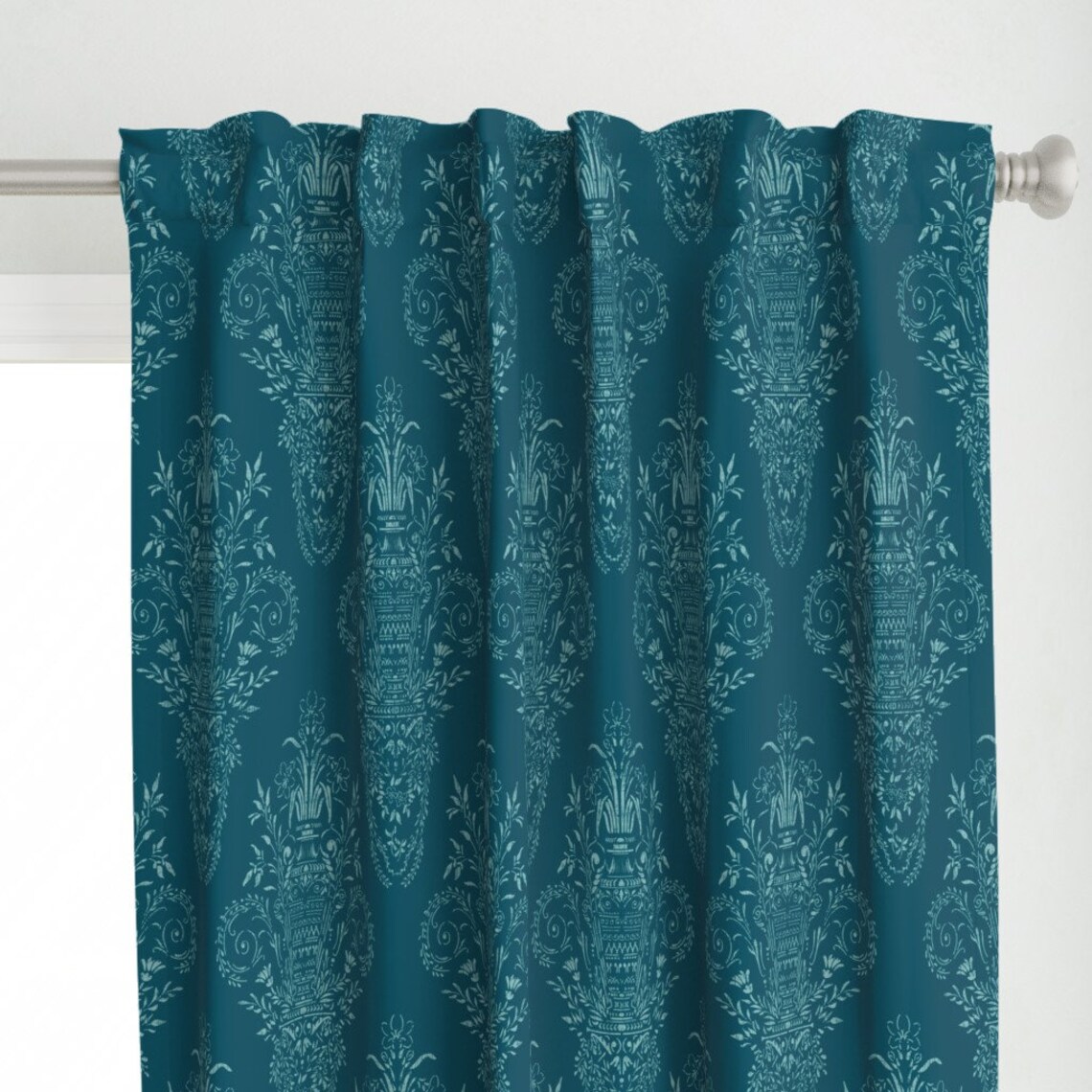 Teal Damask Curtain Panel Architectural Rococo by Kurull Etsy