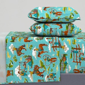 Rustic Country Sheets - Out West Teal by vinpauld - Vintage Inspired Cowboy Cowgirl Down Home Cotton Sateen Sheet Set Bedding by Spoonflower