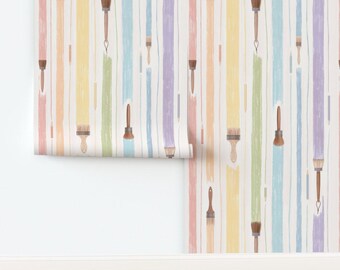 Pastel Non-Pasted Wallpaper Paintbrush Colorful Vertical Stripes Multicolored - Rainbow Stripes by elena_amo Wallpaper by Spoonflower