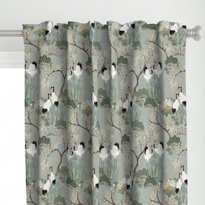 Japanese Cranes Curtain Panel - Japanese Garden Sage  by juditgueth - Chinoiserie Cherry Blossoms Custom Curtain Panel by Spoonflower