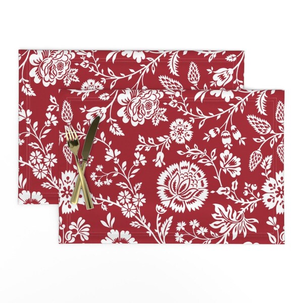 Floral Placemats (Set of 2) - Olivia In White On Mulberry Red  by incognitoshop - Damask Classic Provencal Cloth Placemats by Spoonflower