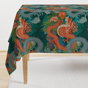 Japanese Dragon Tablecloth - Ryu Ocean Dragon Blue by hnldesigns - Folklore Maximalist Cryptozoology Cotton Sateen Tablecloth by Spoonflower