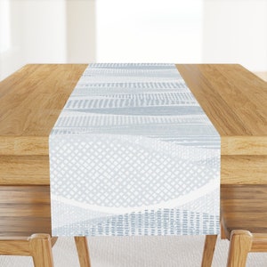 Blue Gray Waves Table Runner - Drift by fleabat - Large Scale Neutral Geometric Abstract Ocean Cotton Sateen Table Runner by Spoonflower