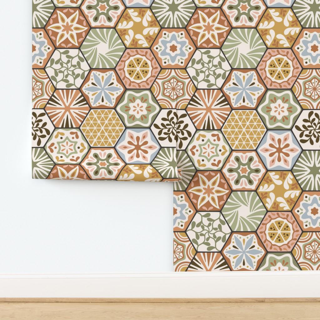 Mosaic Non-Pasted Wallpaper - Mediterranean Hexagon Large by ester_muxune - Faux Tile Hexagon Geometric Wallpaper Double Roll by Spoonflower