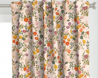 May include: A white curtain with a floral pattern featuring pink, orange, yellow, and purple flowers. The flowers are arranged in a repeating pattern on a white background.