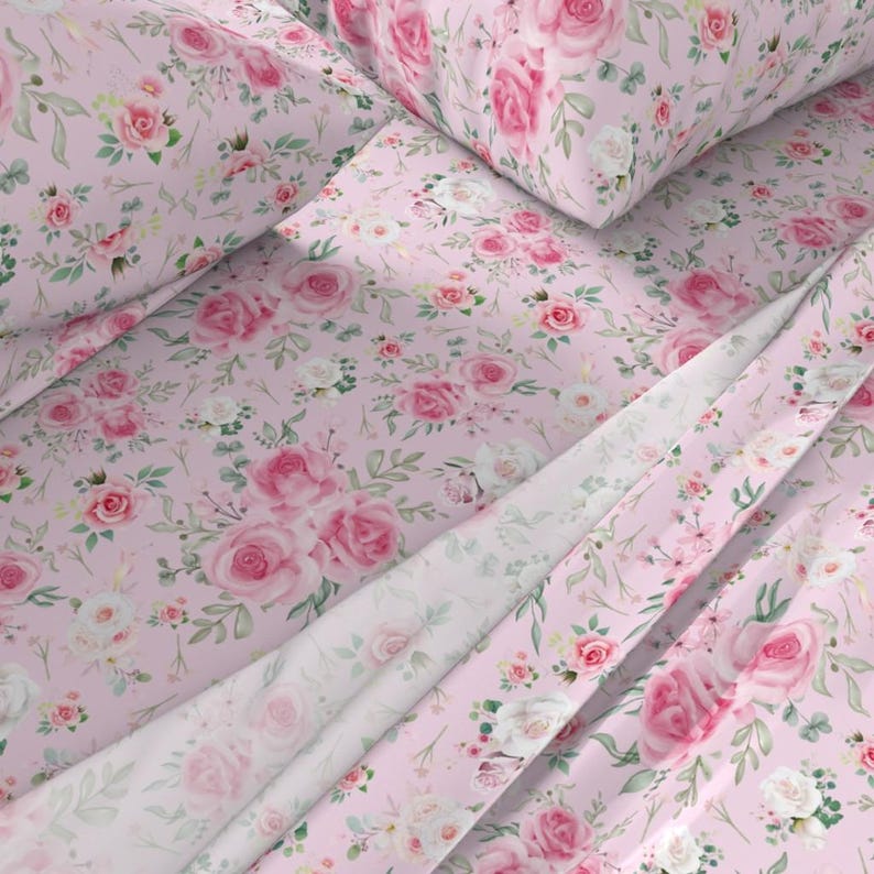Pink Roses Sheets Cottage Chic Roses Sheets - Pink Floral Roses by Delish_designs ...