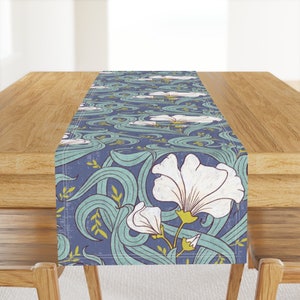 Puede incluir: Un camino de mesa azul y verde con un patrón floral que presenta flores blancas y hojas verdes. El patrón se repite a lo largo del camino de mesa.