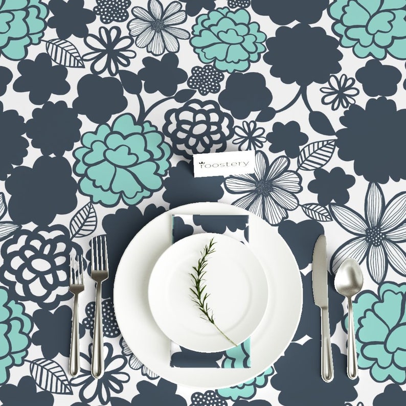 Aqua Navy Flower Abstract Garden Cotton Sateen Tablecloth by Spoonflower Blue Florals Tablecloth Chelsea Navyaqua by elephantandrose