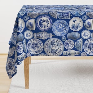 China Pattern Tablecloth - Blue Chinoiserie China by pickychicken - Indigo White Cobalt Blue Cotton Sateen Tablecloth by Spoonflower