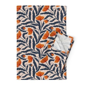 Botanical Tea Towels (Set of 2) - Poppy Flower Blue And Orange by denesannadesign - Chintz Florals Linen Cotton Tea Towels by Spoonflower