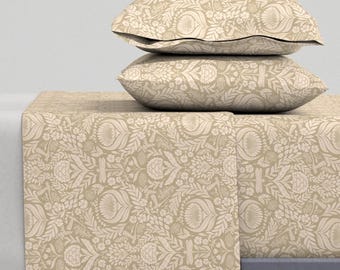 Tan Damask Sheets - Victorian Floral by me_coco_design - Victorian Whimsical Neutral Damask Cotton Sateen Sheet Set Bedding by Spoonflower