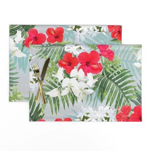 Tropical Placemats (Set of 2) - Hawaiian Garden On Pale Gray by kadyson - Floral Holidays Hibiscus Christmas  Cloth Placemats by Spoonflower